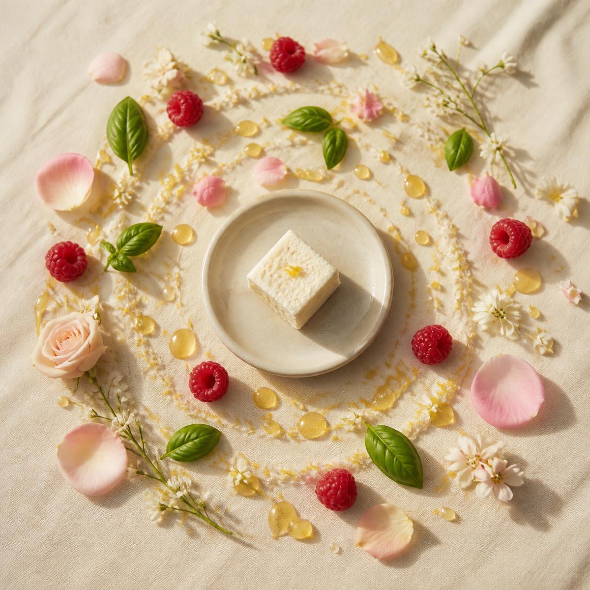 A sensory arrangement of honey, herbs, berries, flowers, and marshmallow